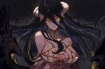  1girl albedo arms_behind_back artist_name black_hair breasts bustier cleavage commentary_request demon_horns erect_nipples hair_between_eyes horns large_breasts long_hair looking_at_viewer marchab_66 night night_sky overlord_(maruyama) silk sky slit_pupils smile solo spider_web upper_body wings yellow_eyes 