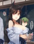  2girls ? anger_vein animal_ears bangs bare_shoulders bathrobe blush breasts brown_hair bucket cleavage commentary_request eyebrows_visible_through_hair fang green_hair highres imaizumi_kagerou indoors kasodani_kyouko kasuka_(kusuki) large_breasts long_hair long_sleeves multiple_girls night night_sky off_shoulder open_mouth parted_bangs red_eyes robe sky smile soap_bottle spoken_question_mark tail touhou towel underwear wide_sleeves wolf_ears wolf_tail wooden_bucket 