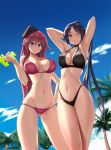  2girls armpits arms_behind_head arms_up asami_lilith bangs bare_shoulders beach beret bikini black_bikini black_hair blue_eyes blue_sky blush braid breasts choker cleavage clouds collarbone covered_nipples day fudou_akio_(trinity_seven) groin hair_between_eyes halter_top halterneck hat highleg highleg_bikini holding holding_hair holding_water_gun large_breasts long_hair looking_at_viewer multiple_girls nao_akinari navel one_eye_closed open_mouth outdoors palm_tree ponytail red_bikini redhead side_braid sidelocks skindentation sky smile stomach swimsuit tree trinity_seven water_gun 