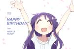  1girl ^_^ arms_up blush closed_eyes closed_eyes collarbone confetti dated eyebrows_visible_through_hair facing_viewer happy_birthday highres hinata_yukari long_hair okayparium open_mouth purple_hair short_sleeves simple_background smile solo upper_body white_background yuyushiki 