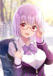  1girl backpack bag bow collared_shirt eyebrows_visible_through_hair highres jacket lavender_hair looking_at_viewer pink-framed_eyewear purple_bow purple_jacket purple_neckwear red_eyes semi-rimless_eyewear shinjou_akane shirt solo ssss.gridman under-rim_eyewear upper_body white_shirt yatomi zipper_pull_tab 