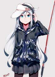  absurdres artist_name blue_eyes fishing_rod grey_background hibiki_(kantai_collection) highres hood hoodie kantai_collection long_hair pantyhose skirt tegar32 twitter_username verniy_(kantai_collection) very_long_hair white_hair 