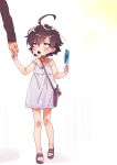 1girl ahoge androgynous bag bell bell_choker bow brown_eyes brown_hair child choker cr-r dress food hair_bow hand_holding handbag hikigaya_hachiman holding holding_food jingle_bell looking_at_another looking_up no_socks open_mouth out_of_frame popsicle sandals sleeveless sleeveless_dress solo_focus strap_slip sundress walking white_background white_dress yahari_ore_no_seishun_lovecome_wa_machigatteiru. younger 