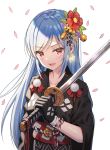  1girl 5ya bangs bell black_gloves black_kimono blue_hair breasts cherry_blossoms collarbone copyright_request earrings eyebrows_visible_through_hair flower gloves hair_bell hair_flower hair_ornament hand_up highres holding holding_sword holding_weapon japanese_clothes jewelry jingle_bell kimono long_hair looking_at_viewer medium_breasts obi red_eyes red_flower rope sash simple_background smile solo sword upper_body very_long_hair weapon white_background wide_sleeves wind 
