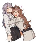  2girls animal_ears artist_request bad_id bad_twitter_id bang_dream! blush brown_hair closed_eyes dress eyebrows_visible_through_hair grey_hair hair_ornament hair_ribbon half_updo heart highres hug imai_lisa long_hair long_sleeves minato_yukina multiple_girls open_mouth ribbon skirt white_background 