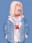  1girl alternate_costume android_18 blonde_hair blue_background blue_eyes denim denim_jacket dragon_ball earrings hair_over_one_eye hands_in_pockets hood hoodie jacket jewelry medium_hair moricky open_clothes open_jacket pocket simple_background solo upper_body 