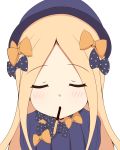  1girl abigail_williams_(fate/grand_order) absurdres bangs black_bow black_hat blonde_hair blue_dress blue_eyes blush bow closed_eyes commentary_request dress eyebrows_visible_through_hair facing_viewer fate/grand_order fate_(series) food_in_mouth forehead hair_bow hat highres long_hair long_sleeves mitchi mouth_hold orange_bow parted_bangs parted_lips pocky_day polka_dot polka_dot_bow simple_background solo upper_body very_long_hair white_background 