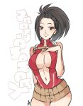  1girl arm_behind_back black_eyes black_hair boku_no_hero_academia breasts character_name cleavage cleavage_cutout hand_on_own_breast heart large_breasts light_blush light_smile long_hair looking_at_viewer matsuda_(louol) navel navel_cutout ponytail signature solo white_background yaoyorozu_momo 