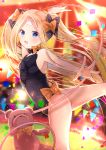  1girl abigail_williams_(fate/grand_order) alternate_hairstyle arm_up ass bangs bare_arms bare_shoulders black_bow black_leotard black_nails blonde_hair blush bow commentary_request eyebrows_visible_through_hair fate/grand_order fate_(series) fingernails hair_bow highres iroha_(shiki) leotard long_hair looking_at_viewer multicolored multicolored_nails nail_polish open_mouth orange_bow orange_nails outstretched_arm parted_bangs pennant polka_dot polka_dot_bow sidelocks solo standing standing_on_one_leg string_of_flags stuffed_animal stuffed_toy teddy_bear twintails very_long_hair 