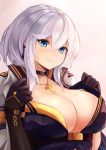  1girl azur_lane bangs black_gloves blue_eyes blush breasts choker cleavage clothes_tug collarbone cross cross_necklace earrings eyebrows_visible_through_hair gloves hair_between_eyes highres jacket jewelry large_breasts looking_at_viewer mole mole_on_breast necklace ryara_vivi short_hair silver_hair smirk solo upper_body washington_(azur_lane) 