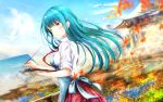  1girl 2018 apron aqua_hair art_brush autumn_leaves bangs bird blue_apron blue_sky blurry breasts bug canvas_(object) chiyoura_ayame closed_mouth clouds commentary_request dated depth_of_field dragonfly easel eyebrows_visible_through_hair girlfriend_(kari) glint grass hair_ornament hairclip highres holding holding_brush insect leaf long_hair looking_at_viewer maple_leaf masa_(mirage77) medium_breasts mountain nature necktie outdoors paintbrush painting palette partial_commentary pleated_skirt red_neckwear red_skirt river rural scenery school_uniform shirt skirt sky solo standing uniform violet_eyes wallpaper water white_shirt x_hair_ornament 