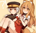  !? 1boy 1girl animal_ear_fluff animal_ears bangs black_hat black_jacket blush brown_background brown_eyes carrying character_request closed_mouth collared_shirt eyebrows_visible_through_hair fate/extra fate/extra_ccc fate/extra_ccc_fox_tail fate_(series) fingernails fox_ears fox_girl fox_tail grey_hair hair_between_eyes hat jacket karokuchitose light_brown_hair long_hair long_sleeves neck_ribbon nose_blush own_hands_together peaked_cap pleated_skirt princess_carry red_ribbon red_scrunchie red_skirt ribbon scrunchie shirt short_sleeves simple_background skirt suzuka_gozen_(fate) tail trembling very_long_hair wavy_mouth white_shirt wrist_scrunchie 
