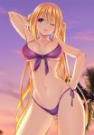  1girl :p arm_up armpits bangs barefoot bikini blonde_hair blush breasts cleavage clouds cowboy_shot front-tie_bikini front-tie_top groin hair_between_eyes hand_behind_head hand_on_hip large_breasts lieselotte_sherlock long_hair looking_at_viewer nao_akinari navel one_eye_closed outdoors palm_tree purple_bikini purple_sky side-tie_bikini sidelocks skindentation smile solo stomach sunset swimsuit tongue tongue_out tree trinity_seven twintails under_boob violet_eyes 