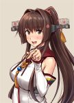  1girl bangs bare_shoulders beige_background blush breasts brown_eyes brown_hair cherry_blossoms detached_sleeves eyebrows_visible_through_hair flower food hair_flower hair_intakes hair_ornament headgear holding holding_food ichikawa_feesu kantai_collection large_breasts long_hair looking_at_viewer open_mouth pocky_day ponytail sidelocks simple_background smile solo upper_body very_long_hair yamato_(kantai_collection) 