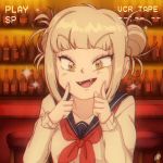  1girl 90s :d alcohol bags_under_eyes bangs blonde_hair bluethebone blunt_bangs boku_no_hero_academia collarbone counter double_bun fangs hands_on_own_cheeks hands_on_own_face looking_at_viewer messy_hair open_mouth red_neckwear retro school_uniform serafuku smile sparkle toga_himiko tsurime yellow_eyes 