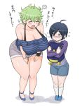  1boy 1girl amami_rantarou backpack bag black_hair bracelet breasts child cleavage closed_eyes dangan_ronpa genderswap genderswap_(mtf) green_hair heart highres huge_breasts jewelry new_dangan_ronpa_v3 randoseru ring saihara_shuuichi shirt smile striped striped_shirt thought_bubble wadorudo yellow_eyes younger 