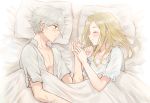 1boy 1girl bed bed_sheet blanket blonde_hair blouse blush closed_eyes collarbone collared_shirt couple green_eyes grey_hair hand_holding hetero long_hair looking_at_another lying octopath_traveler on_side open_clothes open_shirt ophilia_(octopath_traveler) pillow shirt short_hair short_sleeves smile therion_(octopath_traveler) unbuttoned unbuttoned_shirt wspread 