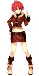  1girl ahoge belt belt_pouch boots brown_footwear brown_jacket brown_skirt full_body fur_trim hand_on_hip hand_up jacket looking_at_viewer navel official_art patriarch_xtasy pencil_skirt pouch red_eyes redhead short_hair silvia_ryersten skirt smile solo standing transparent_background 