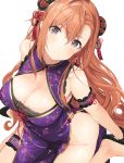  1girl arisugawa_natsuha bangs blush breasts brown_eyes china_dress chinese_clothes cleavage cleavage_cutout double_bun dress eyebrows_visible_through_hair floral_print hair_ornament high_heels idolmaster idolmaster_shiny_colors looking_at_viewer medium_breasts orange_hair parted_lips shiny shiny_hair shiny_skin simple_background sitting sleeveless solo tetsujin_momoko thigh_strap thighs wariza white_background 