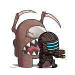  1boy among_us brown_(among_us) chibi crewmate_(among_us) crossover dead_space english_commentary fusion gun helmet holding holding_gun holding_weapon isaac_clarke male_focus miyan_(oceanmaiden) necromorph open_mouth power_armor shadow sharp_teeth teeth tongue tongue_out twitter_username walking weapon 