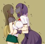  2girls arm_grab asymmetrical_docking blonde_hair blush bra breast_press breasts commentary_request dagashi_kashi dress earrings endou_saya eyebrows_visible_through_hair fang_out food hair_ornament hairband hairclip jewelry large_breasts long_hair looking_at_another medium_hair multiple_girls pocky pocky_day pocky_kiss purple_hair rikosyegou saliva sanpaku scrunchie shade shared_food shidare_hotaru short_shorts shorts simple_background small_breasts sound_effects tank_top underwear yellow_background yuri 