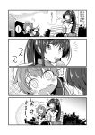  +_+ 4koma ahoge bench bottle comic commentary_request fang greyscale hat ichimi kantai_collection monochrome open_mouth outstretched_arms pleated_skirt sado_(kantai_collection) sailor_hat single_thighhigh sitting skirt sparkle spread_arms thigh-highs translation_request yamato_(kantai_collection) 