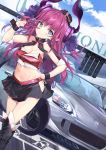  1girl bangs black_legwear black_skirt blue_eyes blue_sky blush breasts car character_name cleavage closed_mouth clothes_writing clouds commentary_request crop_top day dragon_girl dragon_horns dragon_tail dutch_angle elizabeth_bathory_(fate) elizabeth_bathory_(fate)_(all) fang fate/extra fate/extra_ccc fate/grand_order fate_(series) gedou_(shigure_seishin) ground_vehicle hand_on_hip hand_up hip_vent honda_s2000 horns kneehighs long_hair medium_breasts midriff miniskirt motor_vehicle navel outdoors pointy_ears purple_hair racequeen sidelocks skirt sky smile solo standing symbol-shaped_pupils tail v v-shaped_eyebrows wrist_cuffs 