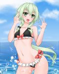  1girl :d beach bikini black_bikini black_bow blush bow breasts bubble chachabuu collarbone cowboy_shot elf fang frilled_bikini frills goblin_slayer! green_eyes green_hair hair_bow high_elf_archer_(goblin_slayer!) highres looking_at_viewer low_ponytail navel ocean open_mouth pointy_ears red_bow sidelocks small_breasts smile solo swimsuit v water 