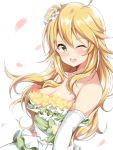  1girl ;d blonde_hair blush bow breasts cleavage collarbone dress elbow_gloves floating_hair flower gloves green_bow green_eyes green_ribbon hair_flower hair_ornament hoshii_miki idolmaster idolmaster_million_live! idolmaster_million_live!_theater_days jiino long_hair looking_at_viewer medium_breasts one_eye_closed open_mouth petals ribbon rose simple_background sleeveless sleeveless_dress smile solo strapless strapless_dress upper_body very_long_hair wedding_dress white_background white_dress white_gloves yellow_flower yellow_rose 