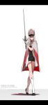  1girl alternate_costume artist_name blue_eyes cape character_name crossed_legs dishwasher1910 gloves hat highres legs_crossed looking_to_the_side rapier rwby science_fiction shadow sheath sword watson_cross weapon weiss_schnee white_background white_hair 