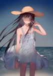  1girl bangs black_hair closed_mouth collarbone commentary cowboy_shot dress eyebrows_visible_through_hair flat_chest hat kakegawa_(kkgw2) long_hair looking_at_viewer ocean original outdoors sky sleeveless solo star_(sky) starry_sky sun_hat white_dress yellow_eyes 