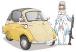  1girl blue_eyes bmw_isetta boots breasts car cleavage closed_mouth commentary_request cosplay dress eyebrows_visible_through_hair frown girls_und_panzer ground_vehicle gun holding holding_weapon itsumi_erika izetta izetta_(cosplay) long_dress long_hair long_sleeves looking_at_viewer machine_gun medium_breasts mg34 motor_vehicle namesake nishizumi_maho shadow shuumatsu_no_izetta silver_hair simple_background solo standing uona_telepin weapon white_background white_dress white_footwear 