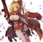  1girl :d ahoge alternate_costume arx-160 assault_rifle belt blonde_hair breasts cleavage eyebrows_visible_through_hair fate/extra fate_(series) goomrrat green_eyes gun holding holding_gun holding_weapon holster large_breasts nero_claudius_(fate) nero_claudius_(fate)_(all) open_mouth petals rifle short_hair simple_background smile solo thigh-highs weapon white_background white_legwear 