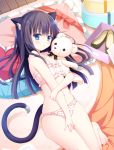  1girl :t animal_ear_fluff animal_ears arm_grab bangs bare_arms bare_legs bare_shoulders barefoot blush bra brown_hair cat_ears cat_girl cat_tail closed_mouth commentary_request eyebrows_visible_through_hair frilled_bra frilled_panties frilled_pillow frills heart heart_pillow long_hair lying navel object_hug on_back original panties pillow pink_bra pink_panties pout shiwasu_horio solo stuffed_animal stuffed_toy tail teddy_bear underwear underwear_only very_long_hair wooden_floor 