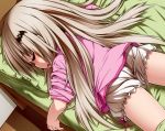  1girl bat_hair_ornament bed blonde_hair bloomers blush closed_eyes eyebrows_visible_through_hair fang hair_ornament little_busters!! long_hair lying noumi_kudryavka on_stomach open_mouth rutsubo sleeping solo underwear 