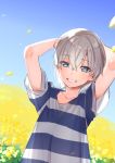  1boy arms_behind_head arms_up blue_eyes blush cr-r grin looking_at_viewer male_focus outdoors shirt silver_hair smile solo striped striped_shirt totsuka_saika yahari_ore_no_seishun_lovecome_wa_machigatteiru. 