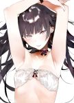  1girl armpits arms_up bangs black_hair blunt_bangs bra breasts choker cleavage collarbone eyebrows_visible_through_hair highres lace lingerie long_hair original pink_eyes shunsei_(muratou) simple_background small_breasts strapless strapless_bra tongue tongue_out tsurime underwear upper_body very_long_hair white_background 