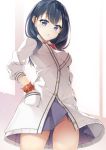  1girl :o blue_eyes blue_hair blush bow bowtie cardigan eyebrows_visible_through_hair hand_in_pocket long_hair long_sleeves looking_at_viewer red_neckwear sasakura shirt skirt solo ssss.gridman standing takarada_rikka white_cardigan white_shirt 