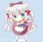 1girl :3 animal_ear_fluff animal_ears apron azur_lane black_bow black_dress black_sleeves blue_background blue_bow blue_eyes blush bow cat_ears cat_girl cat_tail chibi closed_mouth detached_sleeves dress full_body hair_bow hammann_(azur_lane) kouu_hiyoyo long_hair looking_at_viewer lowres outstretched_arm puffy_short_sleeves puffy_sleeves red_bow remodel_(azur_lane) short_sleeves silver_hair solo standing strapless strapless_dress tail twitter_username two_side_up very_long_hair waist_apron white_apron wrist_cuffs 