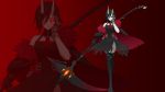  1girl black_hair cape corruption crescent_rose demon_horns dishwasher1910 evil fur-trimmed_cape fur_trim gauntlets grimm highres horns one_eye_closed red_eyes ruby_rose rwby scythe skeletal_arm solo what_if 