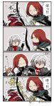 2boys 2girls 4koma antonio_salieri_(fate/grand_order) asaya_minoru bangs beamed_eighth_notes black_cape black_gloves bow_(weapon) breastplate brown_hair cape closed_eyes comic commentary_request eighth_note eyebrows_visible_through_hair fate/grand_order fate_(series) flying_sweatdrops forehead formal fujimaru_ritsuka_(female) fur-trimmed_cape fur_trim gloves grey_jacket hair_between_eyes hair_ornament hair_scrunchie hand_up holding holding_bow_(weapon) holding_weapon jacket jeanne_d&#039;arc_(alter)_(fate) jeanne_d&#039;arc_(fate)_(all) long_hair long_sleeves monster multiple_boys multiple_girls musical_note one_side_up open_mouth orange_scrunchie parted_bangs pinstripe_pattern pinstripe_suit red_scarf redhead scarf scrunchie shirt silver_hair striped suit translation_request tristan_(fate/grand_order) twitter_username weapon white_shirt 
