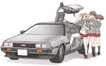  3girls alisa_(girls_und_panzer) back_to_the_future bangs black_neckwear blazer blonde_hair blouse blue_eyes blue_footwear car collared_blouse commentary cross-laced_footwear delorean foot_up frown girls_und_panzer grey_jacket ground_vehicle hair_intakes jacket kay_(girls_und_panzer) long_hair long_sleeves looking_at_viewer looking_at_watch miniskirt motor_vehicle multiple_girls naomi_(girls_und_panzer) necktie open_clothes open_jacket open_mouth parody pleated_skirt red_skirt saunders_school_uniform school_uniform shoes simple_background skirt sleeves_rolled_up sneakers standing thigh-highs uona_telepin watch watch white_background white_blouse white_legwear 