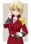  1girl adjusting_eyewear alternate_costume bangs bespectacled black_belt blonde_hair blue_eyes braid closed_mouth commentary_request cravat darjeeling epaulettes eyebrows_visible_through_hair girls_und_panzer glasses gloves grey_background hand_on_hip holster jacket looking_at_viewer military military_uniform outside_border red_jacket short_hair smile solo standing tied_hair twin_braids uniform uona_telepin upper_body white_gloves white_neckwear 