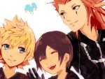  1girl axel_(kingdom_hearts) blonde_hair blue_eyes closed_mouth commentary_request food gloves ice_cream kingdom_hearts kingdom_hearts_358/2_days long_hair multiple_boys open_mouth organization_xiii ramochi_(auti) roxas short_hair xion_(kingdom_hearts) 