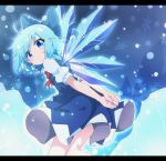  1girl :&lt; ahoge arms_behind_back blue_bow blue_dress blue_eyes blue_hair bow cirno commentary_request do_(4-rt) dress from_side hair_bow highres ice ice_wings leaning_forward letterboxed looking_at_viewer medium_hair puffy_short_sleeves puffy_sleeves red_neckwear short_sleeves snowflakes solo touhou wings 