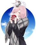  1girl animal animal_on_head bangs blush chaldea_teatime closed_eyes clouds commentary_request cup fate/grand_order fate_(series) fingernails fou highres holding holding_cup lavender_hair mash_kyrielight on_head plaid plaid_scarf ribbed_sweater scarf short_hair sino42 sky smile steam sweater swept_bangs upper_body winter_clothes 