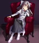  1girl ;) apo_(apos2721) bow capelet chin_rest coat floating_hair full_body fur_trim grey_skirt hair_bow highres legs_crossed long_hair long_skirt long_sleeves looking_at_viewer mary_janes melty_blood one_eye_closed pleated_skirt pointy_ears purple_background red_eyes shoes silver_hair simple_background sitting skirt smile solo tsukihime very_long_hair white_bow white_capelet white_coat white_footwear white_legwear white_len winter_clothes winter_coat 