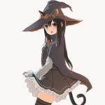  1girl animal_ears asashio_(kantai_collection) backlighting black_cape black_hair bloom blue_eyes bow cape cat_ears cat_girl cat_tail commentary dress ears_through_headwear frilled_dress frills from_side gloves hat hat_ribbon high_collar kantai_collection long_hair long_sleeves looking_at_viewer looking_to_the_side neck_ribbon orange_ribbon pinafore_dress red_bow ribbon shirt simple_background skindentation skirt_hold solo straight_hair striped striped_legwear sunset tail thigh-highs usagikoya white_gloves white_shirt witch witch_hat 