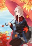  1girl ahoge autumn_leaves azuuru bangs black_coat black_footwear black_legwear blurry_foreground closed_mouth coat collared_shirt commentary_request day elaina_(majo_no_tabitabi) hair_between_eyes hair_ornament high_heels highres holding holding_umbrella leaf long_hair long_sleeves looking_at_viewer majo_no_tabitabi maple_leaf off_shoulder outdoors pantyhose pavement plaid plaid_shirt red_shirt reflection shirt sidelocks smile solo squatting umbrella violet_eyes water white_hair wide_sleeves 