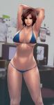  1girl absurdres armpits arms_up bikini blue_bikini breasts brown_eyes brown_hair cirenk cleavage commentary english_commentary highres kazama_asuka large_breasts lips looking_at_viewer nose short_hair solo standing swimsuit tekken traditional_media under_boob watercolor_(medium) 